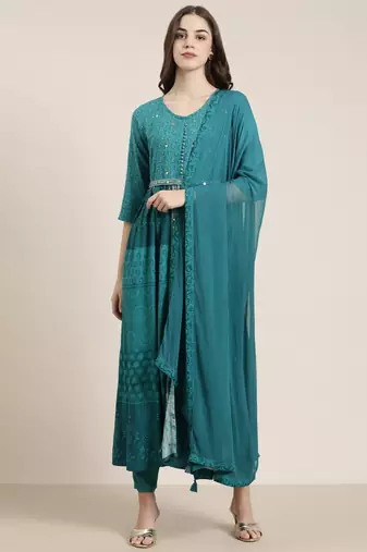 women's round neck floral teal anarkali kurta and trouser with dupatta