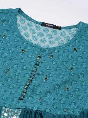 women's round neck floral teal anarkali kurta and trouser with dupatta 3