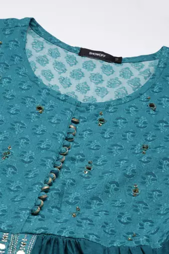 women's round neck floral teal anarkali kurta and trouser with dupatta