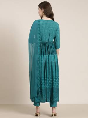 women's round neck floral teal anarkali kurta and trouser with dupatta 4