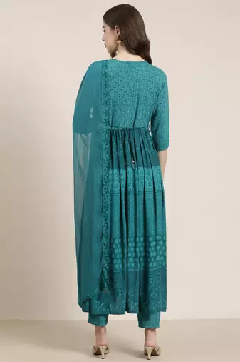 women's round neck floral teal anarkali kurta and trouser with dupatta