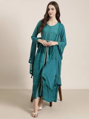 women's round neck floral teal anarkali kurta and trouser with dupatta 5