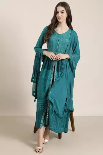 women's round neck floral teal anarkali kurta and trouser with dupatta
