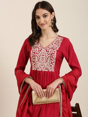 women's v-neck solid pink a-line kurta and trouser with dupatta 1