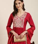 women's v-neck solid pink a-line kurta and trouser with dupatta