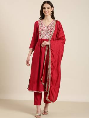 women's v-neck solid pink a-line kurta and trouser with dupatta 2