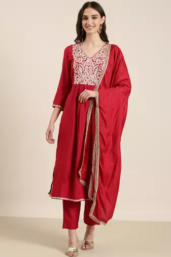 women's v-neck solid pink a-line kurta and trouser with dupatta