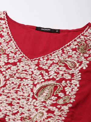 women's v-neck solid pink a-line kurta and trouser with dupatta 3