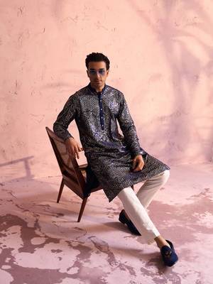 Navy Blue And Cream Georgette Kurta Pyjama Set 1