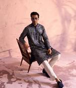 Navy Blue And Cream Georgette Kurta Pyjama Set