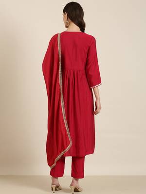 women's v-neck solid pink a-line kurta and trouser with dupatta 4