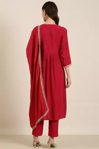women's v-neck solid pink a-line kurta and trouser with dupatta