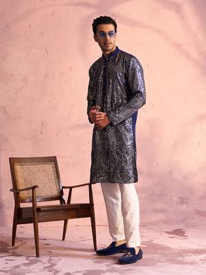 Navy Blue And Cream Georgette Kurta Pyjama Set 2