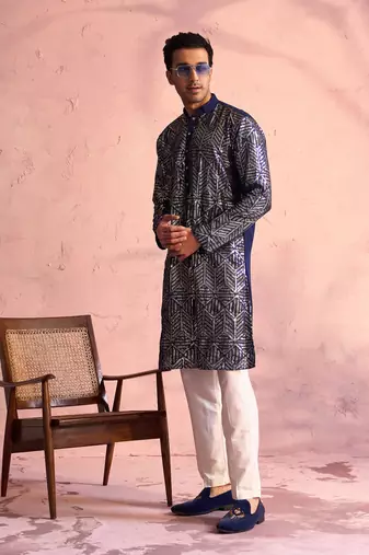 Navy Blue And Cream Georgette Kurta Pyjama Set