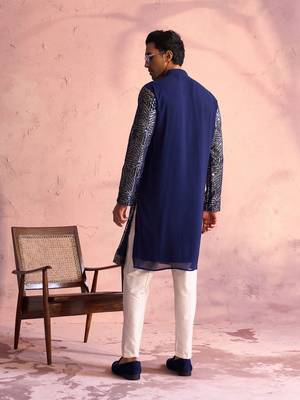 Navy Blue And Cream Georgette Kurta Pyjama Set 3