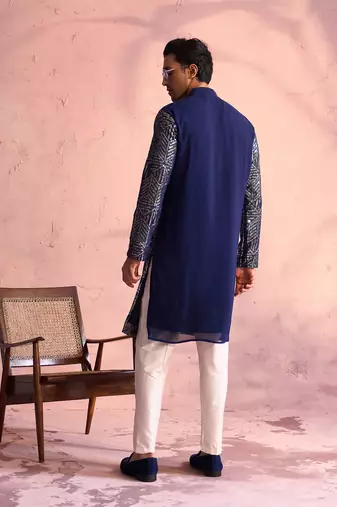 Navy Blue And Cream Georgette Kurta Pyjama Set