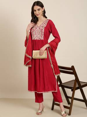 women's v-neck solid pink a-line kurta and trouser with dupatta 5