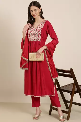 women's v-neck solid pink a-line kurta and trouser with dupatta
