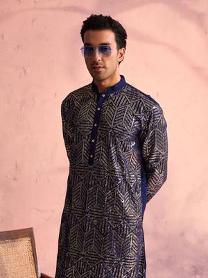 Navy Blue And Cream Georgette Kurta Pyjama Set 4
