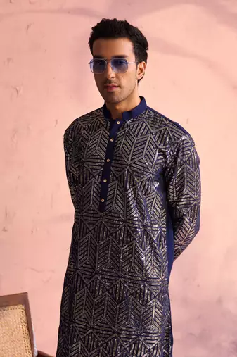 Navy Blue And Cream Georgette Kurta Pyjama Set