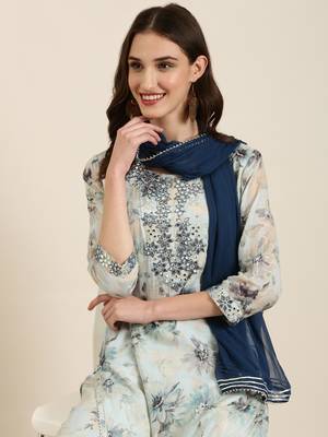 women's round neck floral foil print blue straight kurti and sharara with dupatta 1