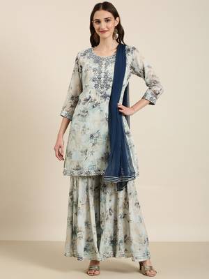 women's round neck floral foil print blue straight kurti and sharara with dupatta 2