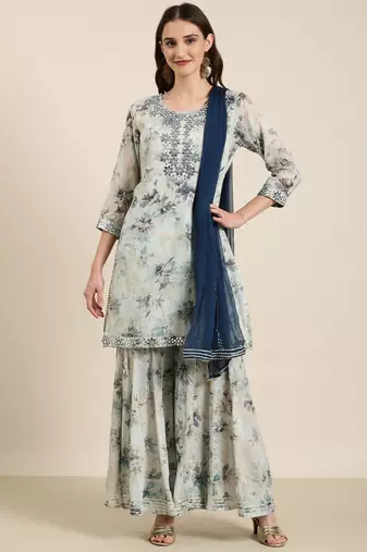 women's round neck floral foil print blue straight kurti and sharara with dupatta