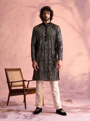 Black And Cream Georgette Kurta Pyjama Set 1