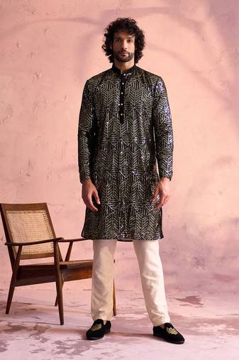 Men'S Black And Cream Georgette Kurta Pyjama Set