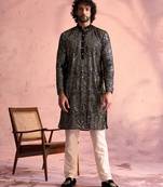 Men'S Black And Cream Georgette Kurta Pyjama Set
