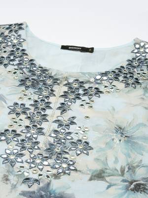 women's round neck floral foil print blue straight kurti and sharara with dupatta 3