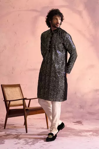 Black And Cream Georgette Kurta Pyjama Set