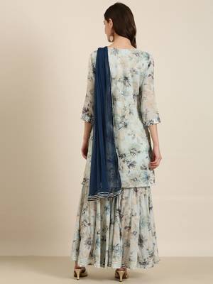 women's round neck floral foil print blue straight kurti and sharara with dupatta 4