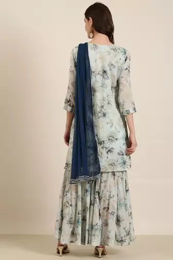 women's round neck floral foil print blue straight kurti and sharara with dupatta