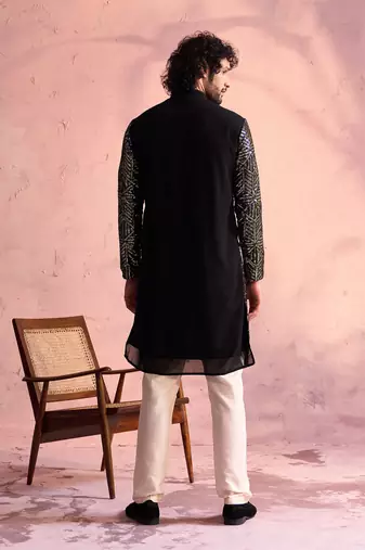 Black And Cream Georgette Kurta Pyjama Set