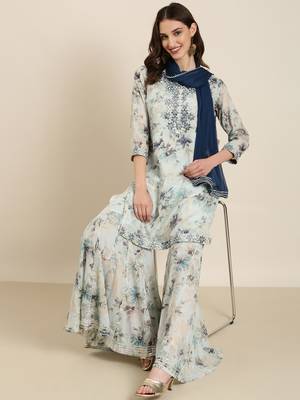 women's round neck floral foil print blue straight kurti and sharara with dupatta 5