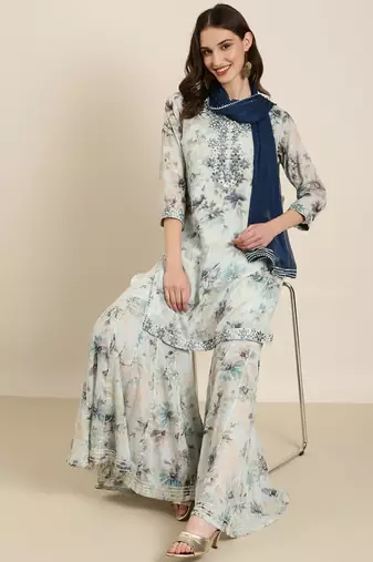 women's round neck floral foil print blue straight kurti and sharara with dupatta