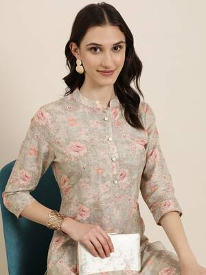 women's mandarin collar floral beige straight kurta and trouser 1