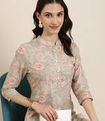 women's mandarin collar floral beige straight kurta and trouser