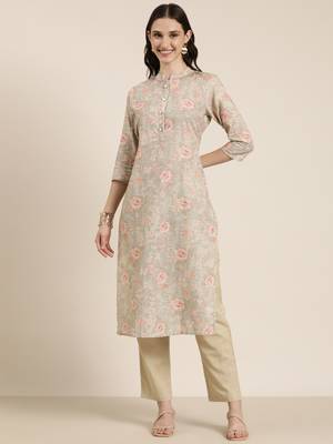 women's mandarin collar floral beige straight kurta and trouser 2