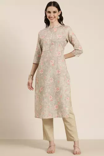 women's mandarin collar floral beige straight kurta and trouser