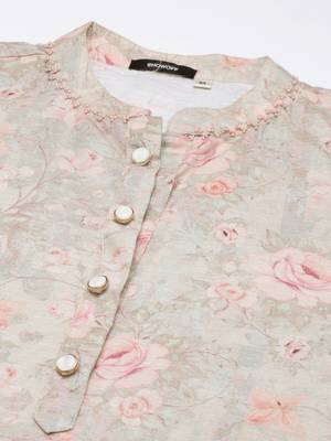 women's mandarin collar floral beige straight kurta and trouser 3