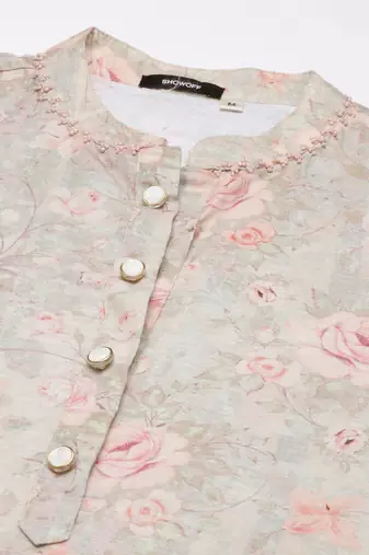 women's mandarin collar floral beige straight kurta and trouser
