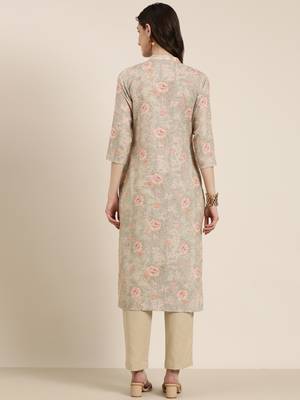 women's mandarin collar floral beige straight kurta and trouser 4