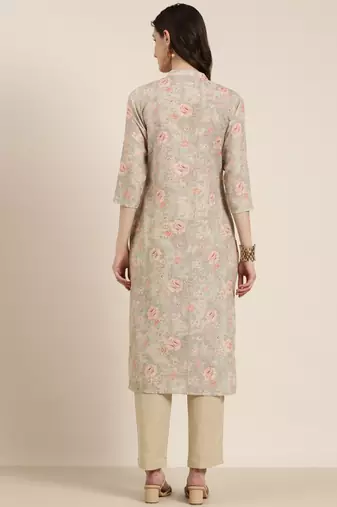 women's mandarin collar floral beige straight kurta and trouser