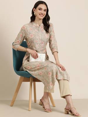women's mandarin collar floral beige straight kurta and trouser 5