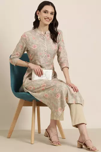 women's mandarin collar floral beige straight kurta and trouser