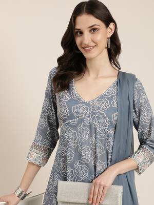 women's v-neck floral grey anarkali kurta and trouser with dupatta 1