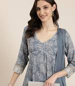 women's v-neck floral grey anarkali kurta and trouser with dupatta