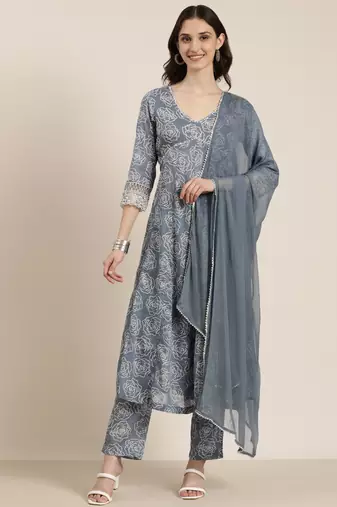 women's v-neck floral grey anarkali kurta and trouser with dupatta